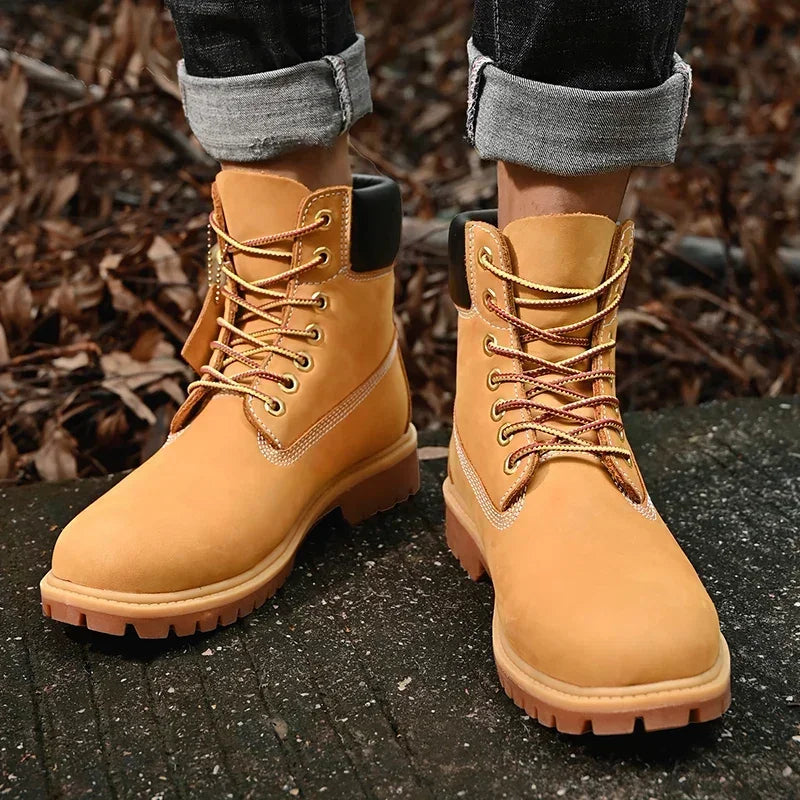 Unisex High-Top Leather Lace-Up Boots – Non-Slip Outdoor Ankle Style