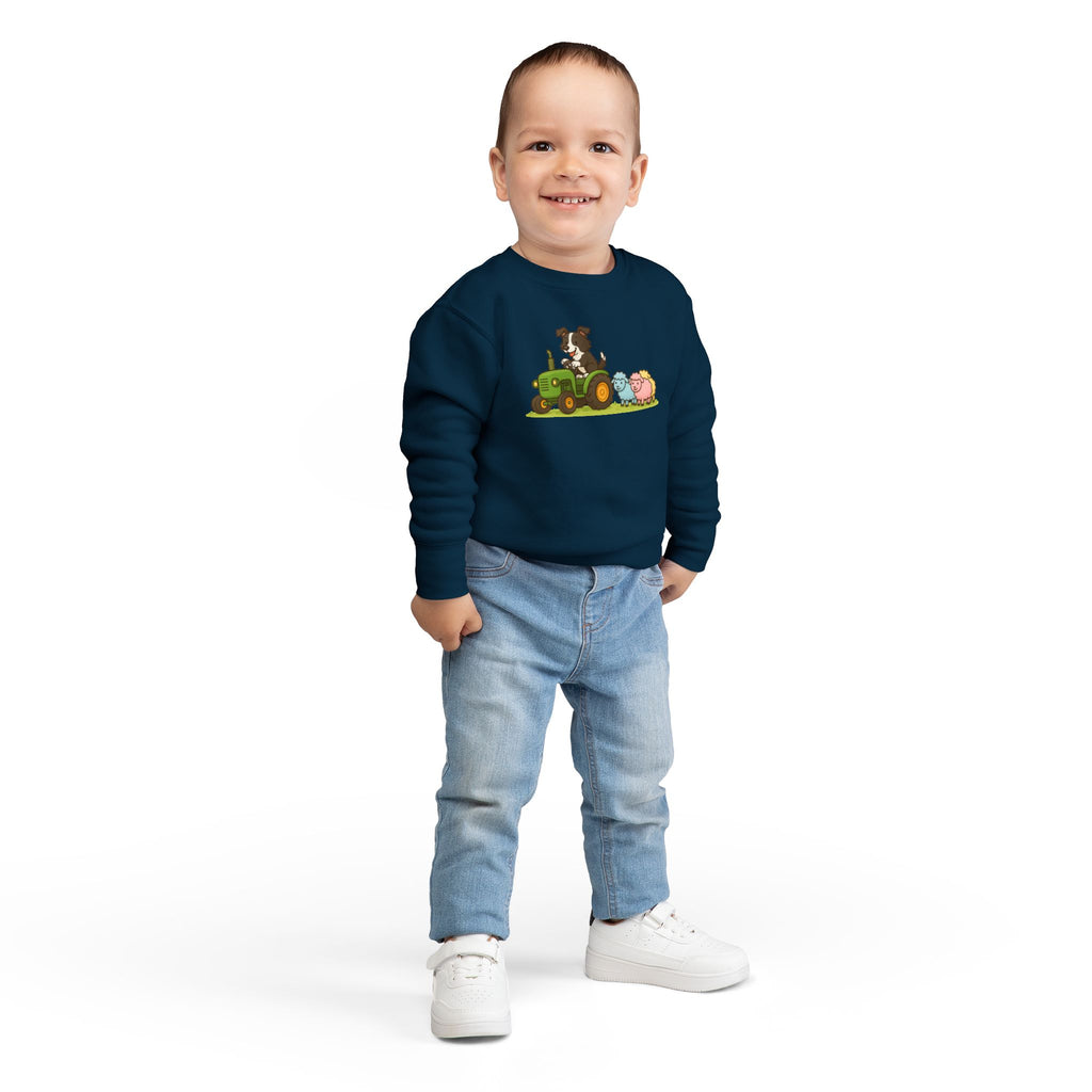 Toddler Sweatshirt — Cute Farm Tractor Crewneck with Puppy & Sheep Graphic