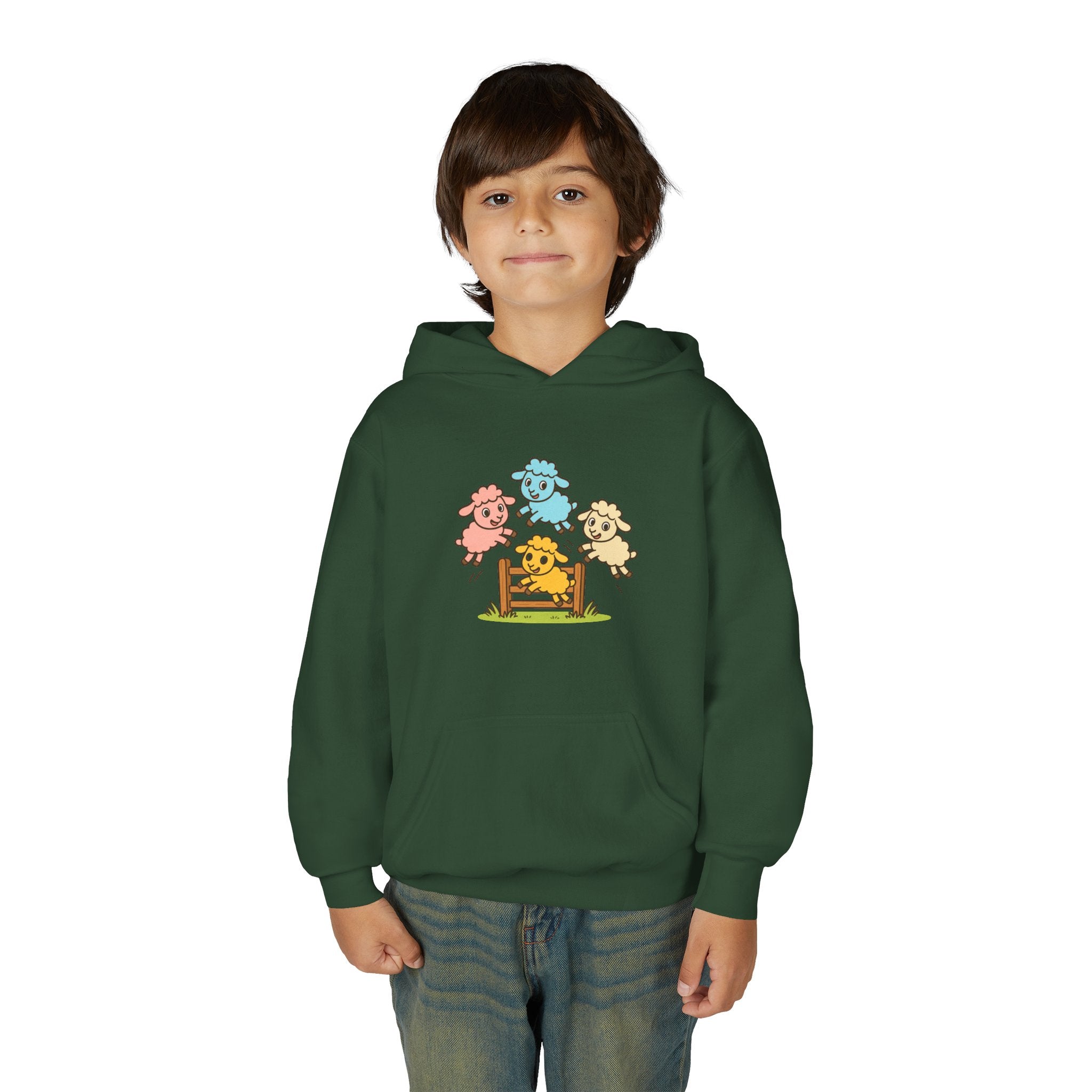 Kids Sheep Hoodie — Colorful Jumping Lambs Graphic Youth Hooded Sweatshirt