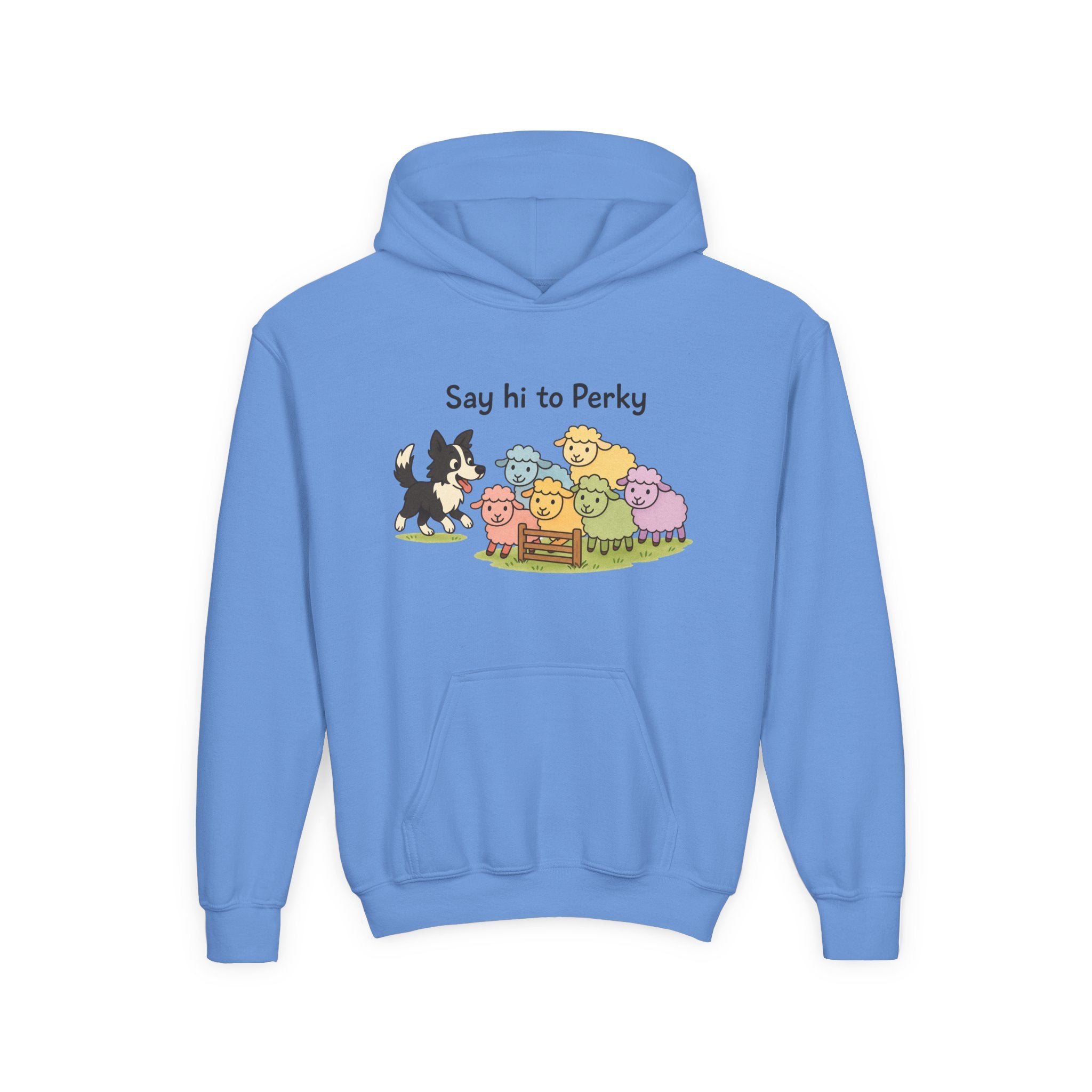 Youth Hoodie — "Say Hi to Perky" Cute Cartoon Sheep & Dog Kids Hooded Sweatshirt