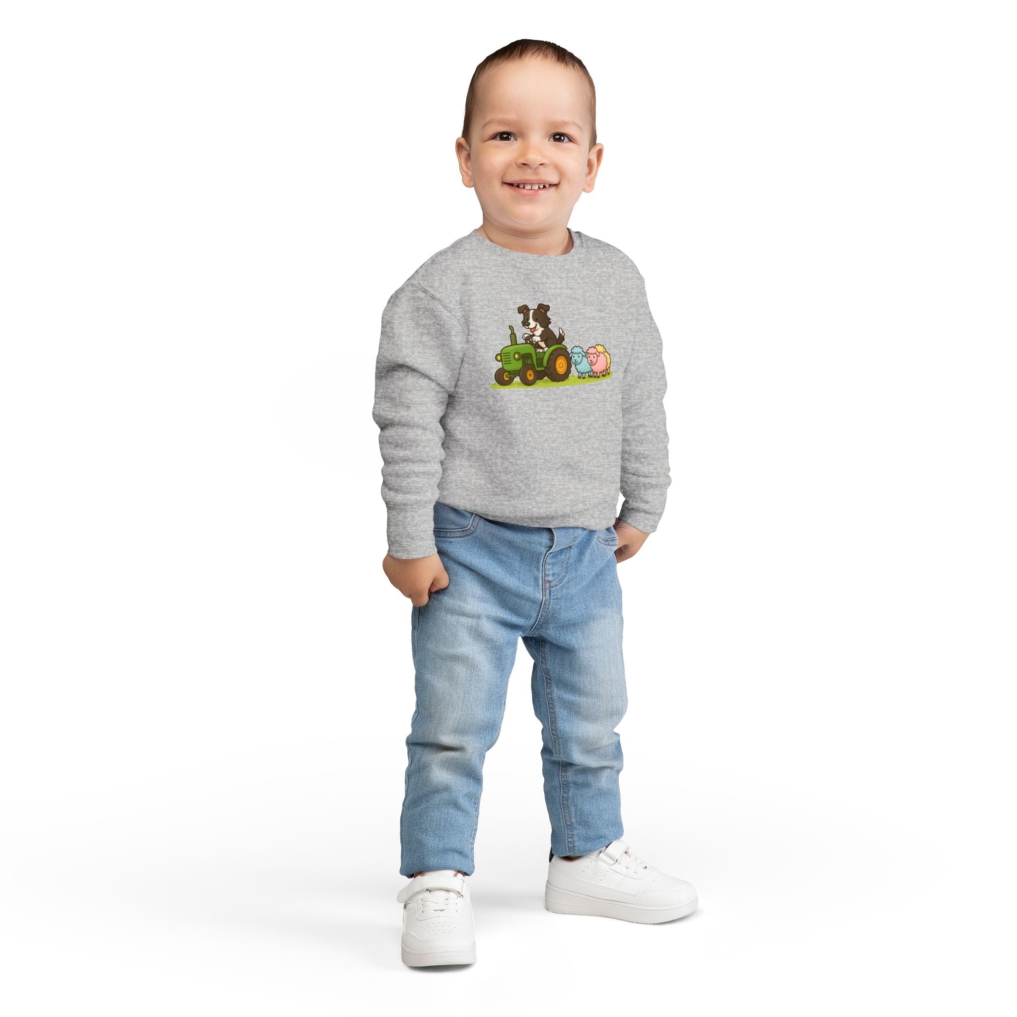 Toddler Sweatshirt — Cute Farm Tractor Crewneck with Puppy & Sheep Graphic