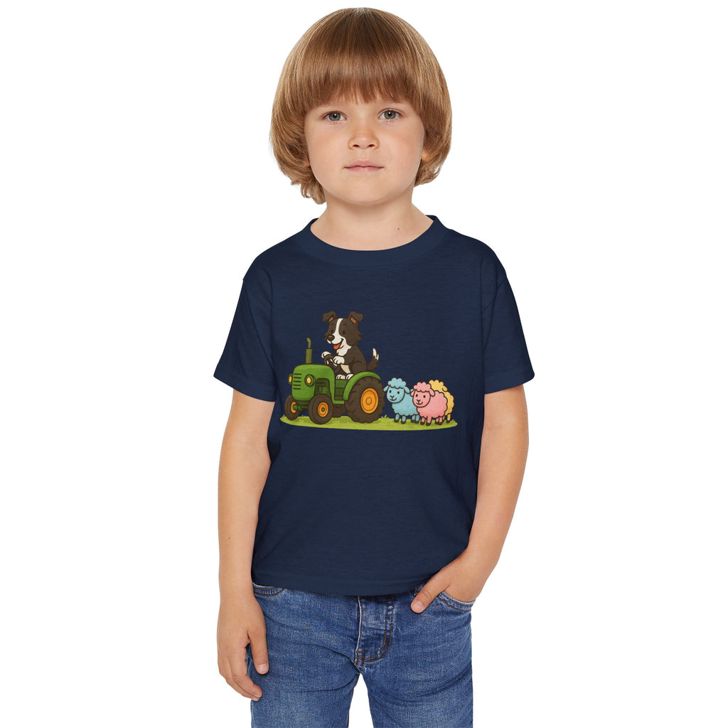 Toddler T-Shirt — Cartoon Farm Tractor with Border Collie & Sheep Friends