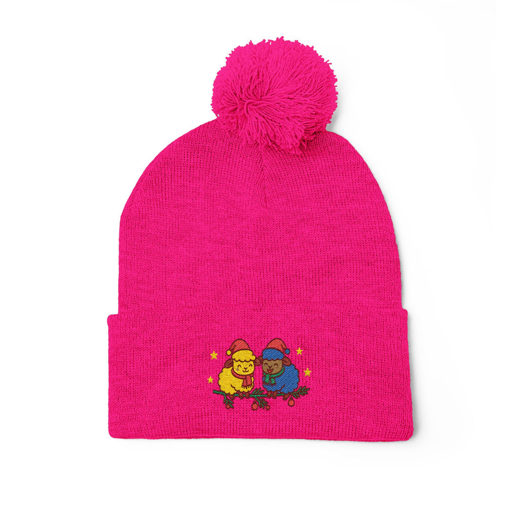 Embroidered Winter Pom-Pom Beanie — Cute Chick Couple Design