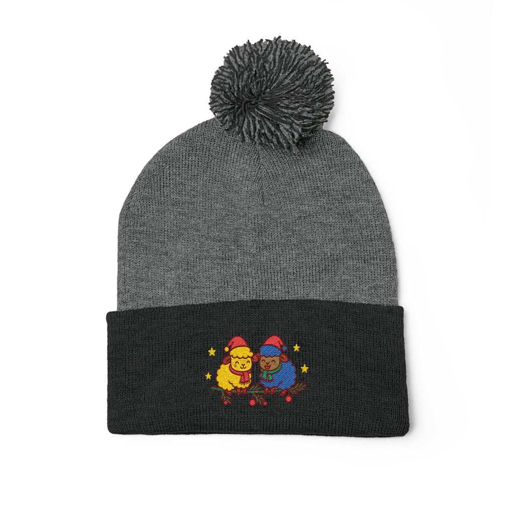 Embroidered Winter Pom-Pom Beanie — Cute Chick Couple Design