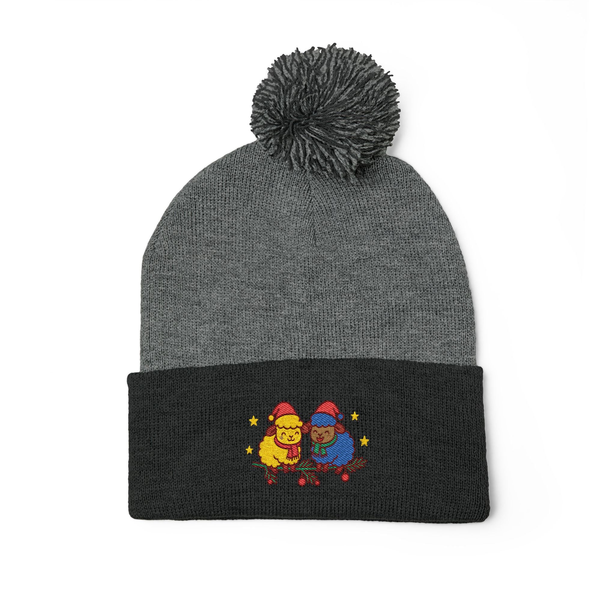 Embroidered Winter Pom-Pom Beanie — Cute Chick Couple Design
