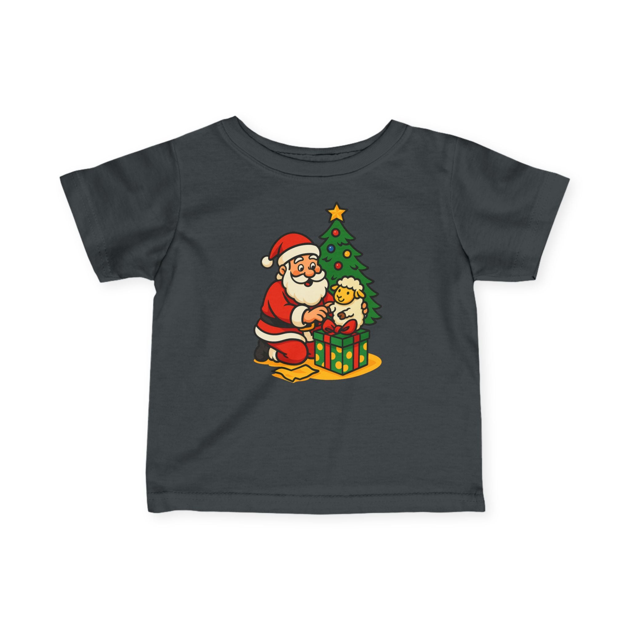 Infant Tee — Cute Santa with Puppy by Christmas Tree Holiday Baby Shirt