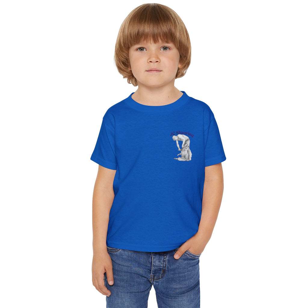 Toddler T-Shirt — Cute Sheep & Dog Cartoon with 'What kind of cars do sheep drive? Lamborghinis!' Back Print