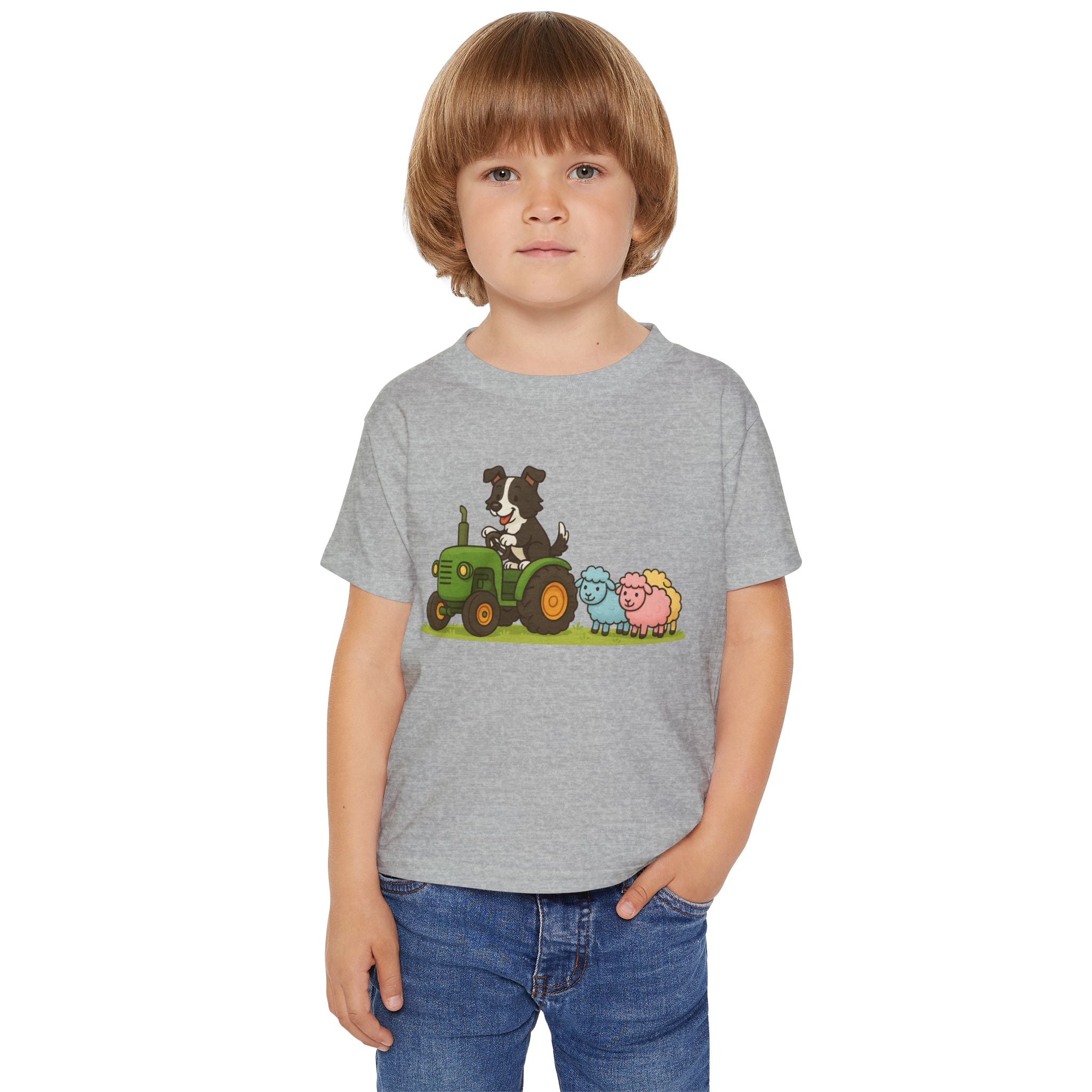 Toddler T-Shirt — Cartoon Farm Tractor with Border Collie & Sheep Friends