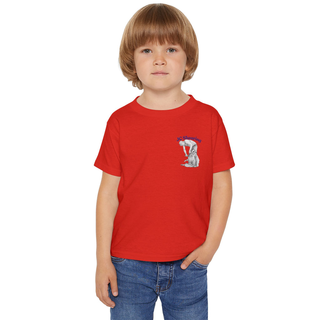 Toddler T-Shirt — Cute Sheep & Dog Cartoon with 'What kind of cars do sheep drive? Lamborghinis!' Back Print