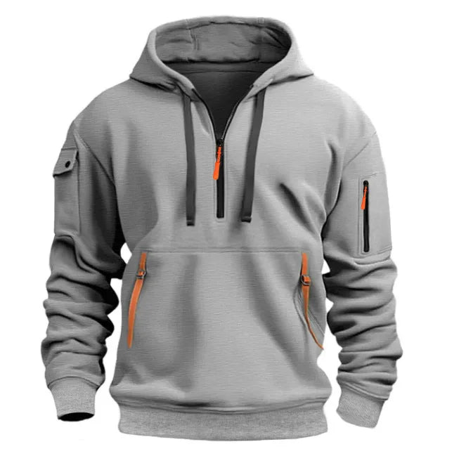 Men's Casual Sports Hoodie Spring Autumn Fashion Solid Color Long-Sleeved Pullover with Arm Pocket And Pull Rope Plus Size