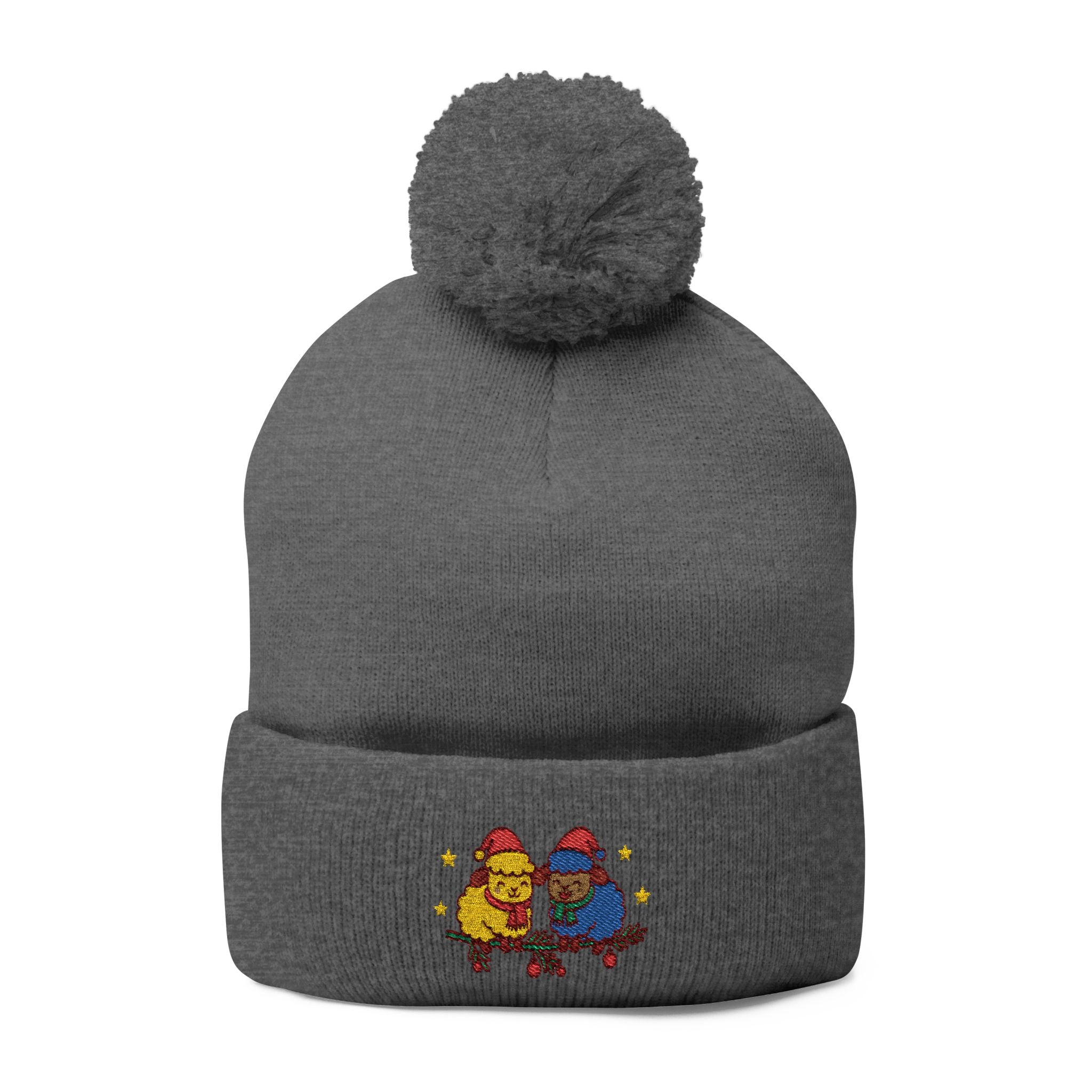Embroidered Winter Pom-Pom Beanie — Cute Chick Couple Design