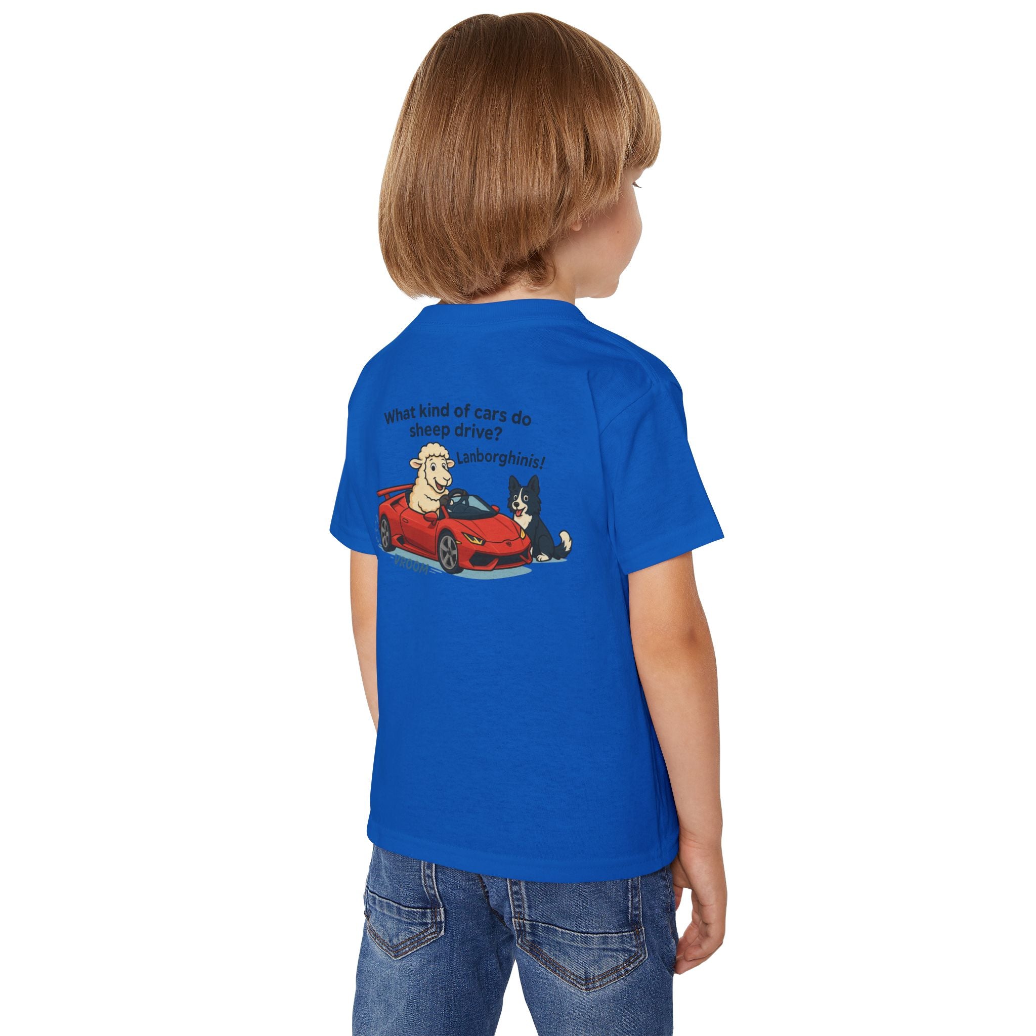 Toddler T-Shirt — Cute Sheep & Dog Cartoon with 'What kind of cars do sheep drive? Lamborghinis!' Back Print