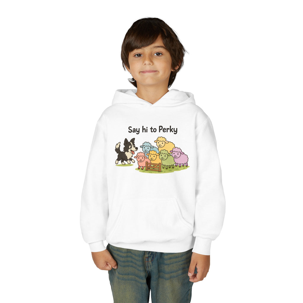 Youth Hoodie — "Say Hi to Perky" Cute Cartoon Sheep & Dog Kids Hooded Sweatshirt