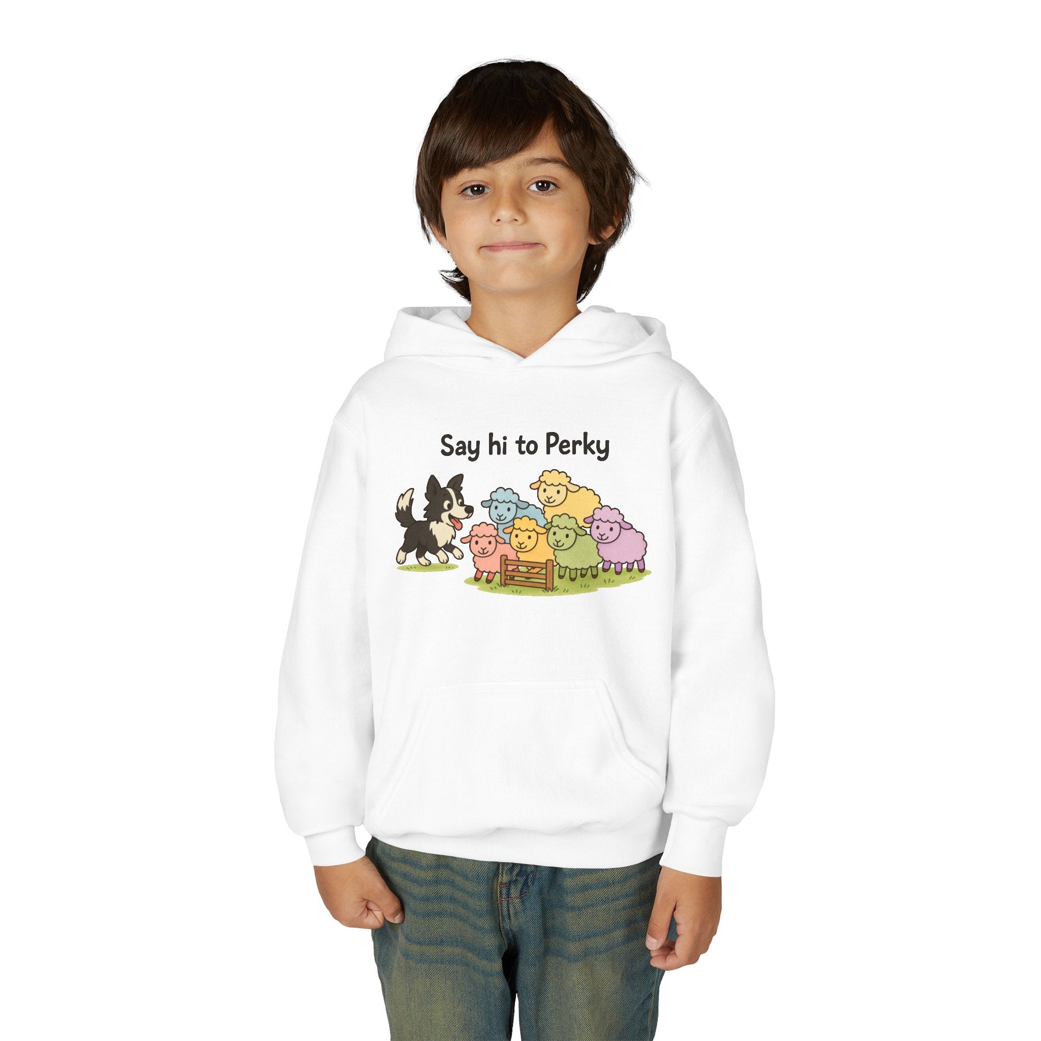 Youth Hoodie — "Say Hi to Perky" Cute Cartoon Sheep & Dog Kids Hooded Sweatshirt