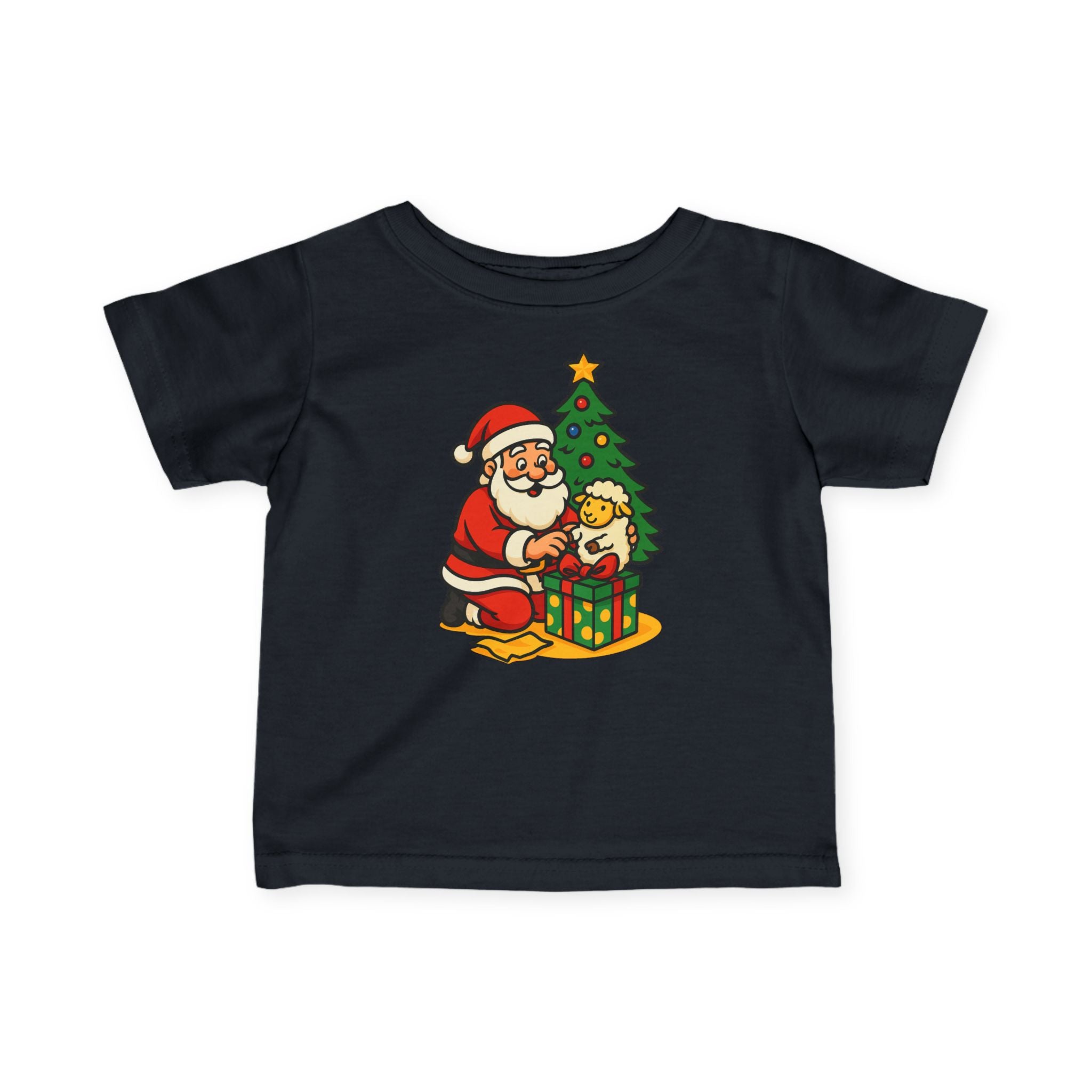 Infant Tee — Cute Santa with Puppy by Christmas Tree Holiday Baby Shirt