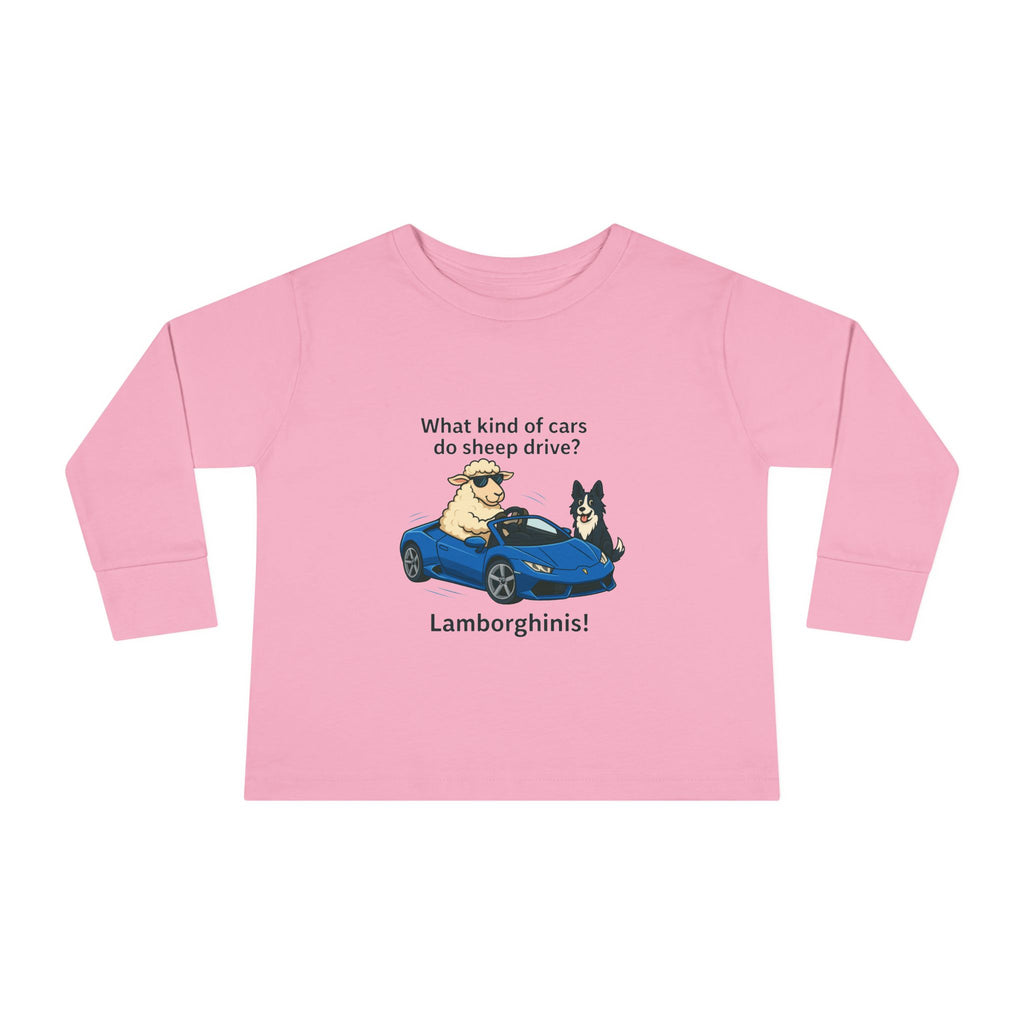 Toddler Long Sleeve Tee — 'What kind of cars do sheep drive? Lamborghams!' Cute Dog & Sheep Car Graphic