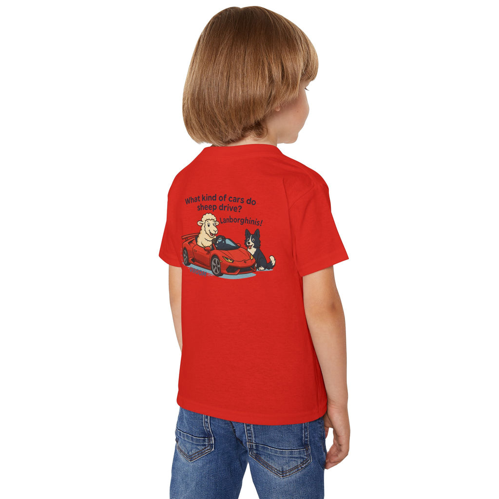Toddler T-Shirt — Cute Sheep & Dog Cartoon with 'What kind of cars do sheep drive? Lamborghinis!' Back Print