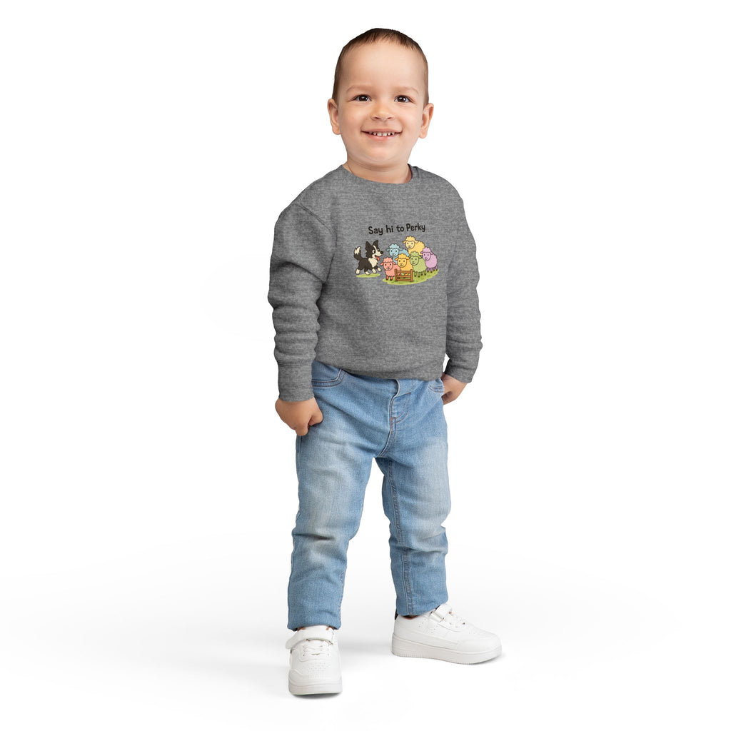 Say Hi to Perky Toddler Sweatshirt — Cute Sheep & Border Collie Kids Pullover