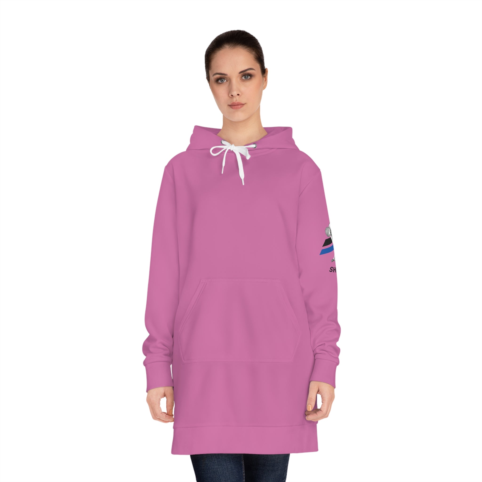 Pink Floral Women's Hoodie Dress – Cozy Long Hooded Sweatshirt Dress with Sleeve Flower Accent