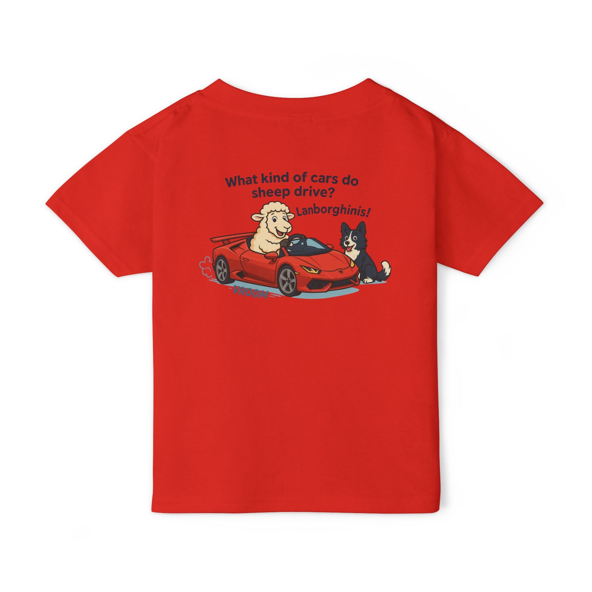 Toddler T-Shirt — Cute Sheep & Dog Cartoon with 'What kind of cars do sheep drive? Lamborghinis!' Back Print