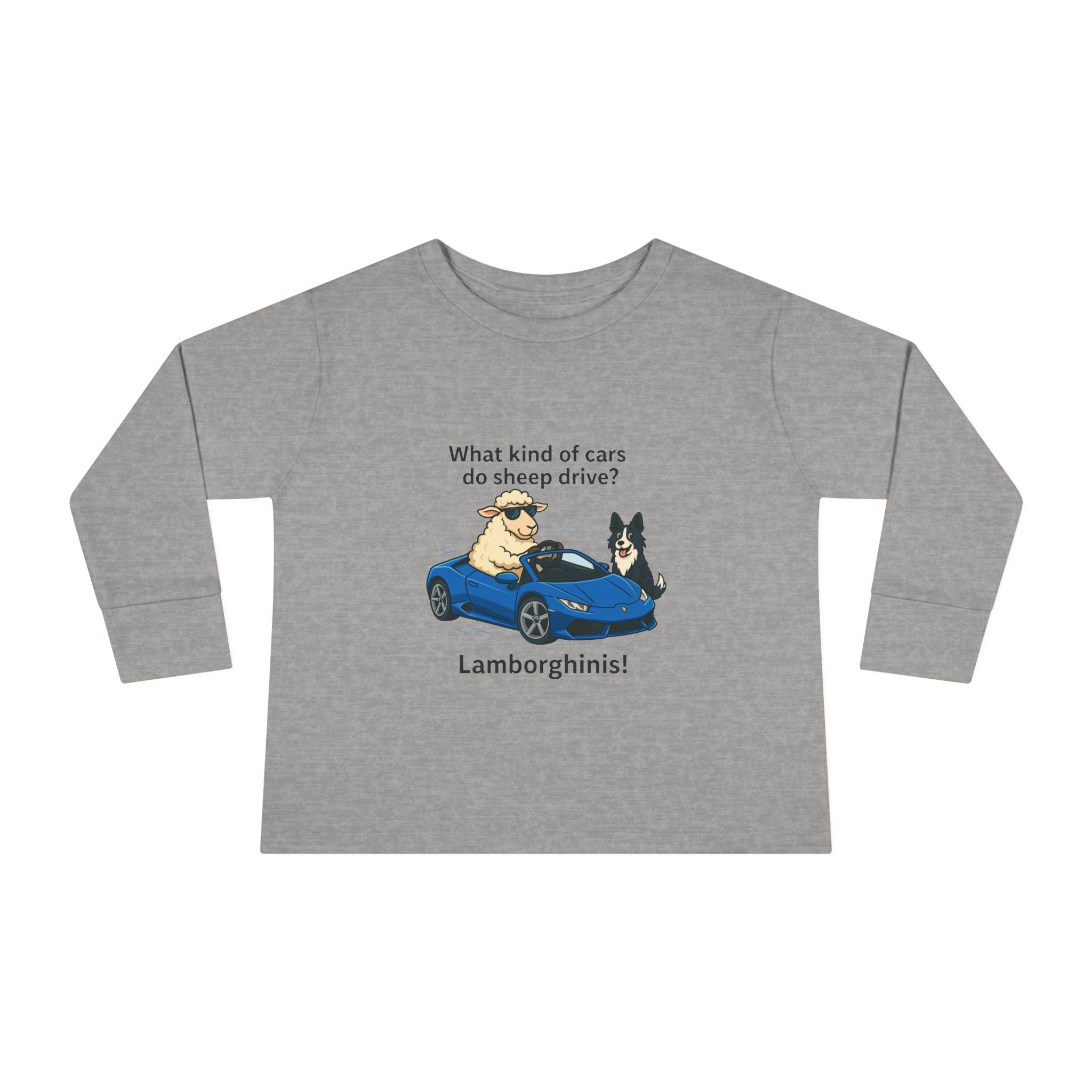 Toddler Long Sleeve Tee — 'What kind of cars do sheep drive? Lamborghams!' Cute Dog & Sheep Car Graphic