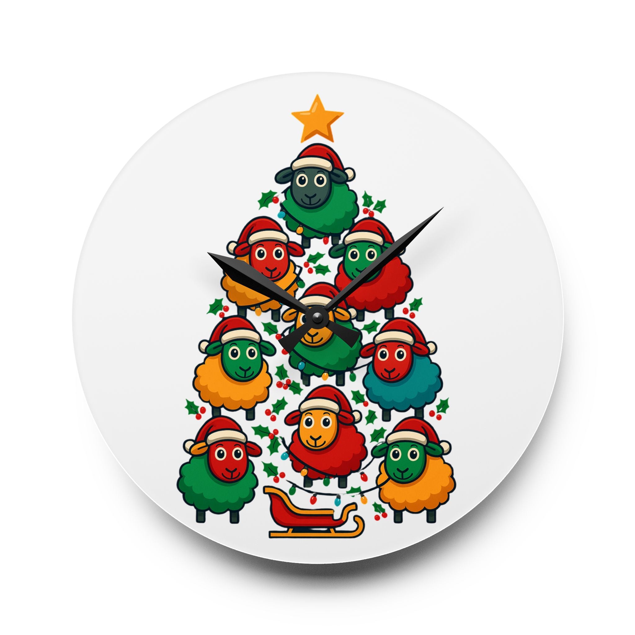 Christmas Sheep Tree Acrylic Wall Clock — Cute Holiday Farm Animal Decor