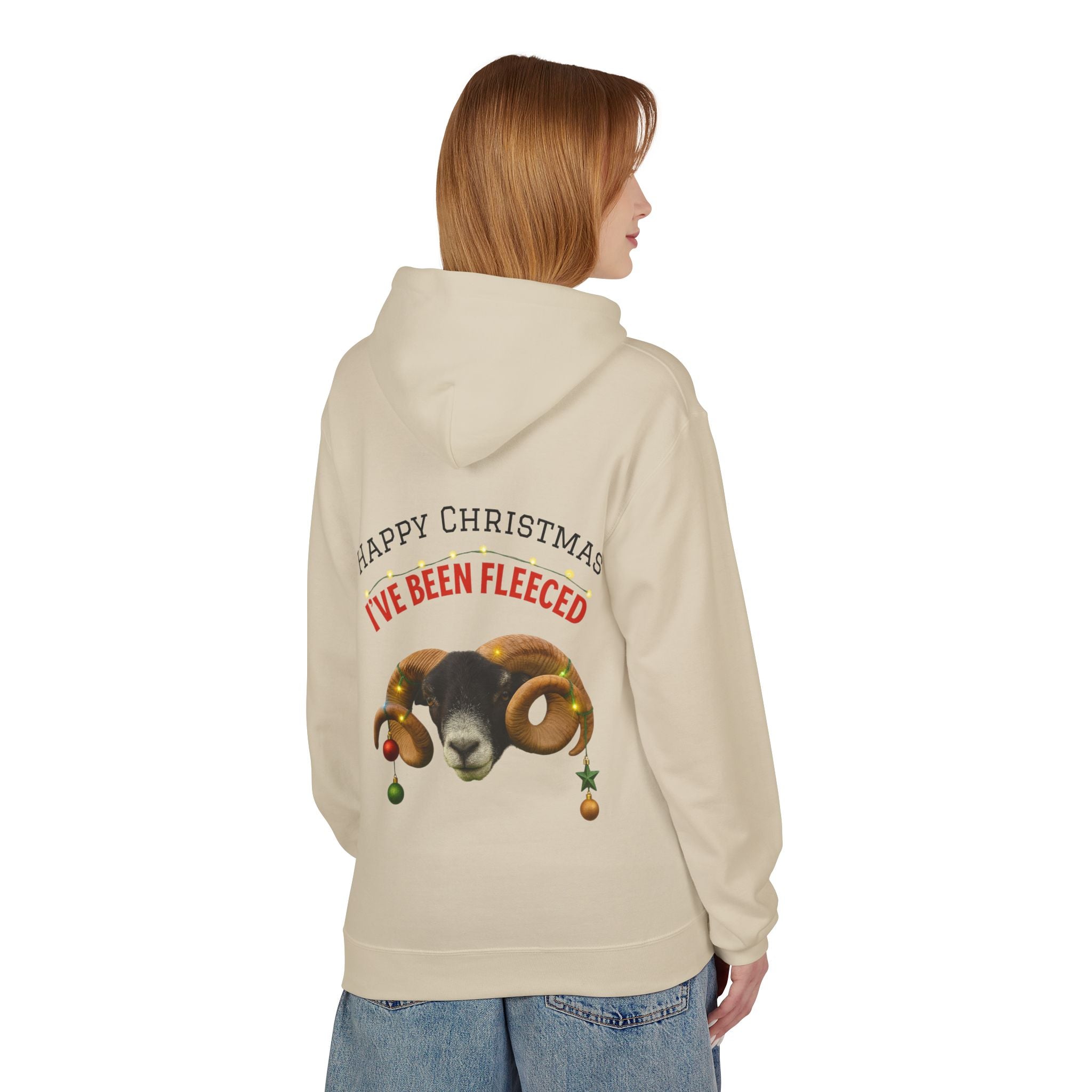 Christmas Ram Hoodie — "Happy Christmas I've Been Fleeced" Holiday Sweatshirt