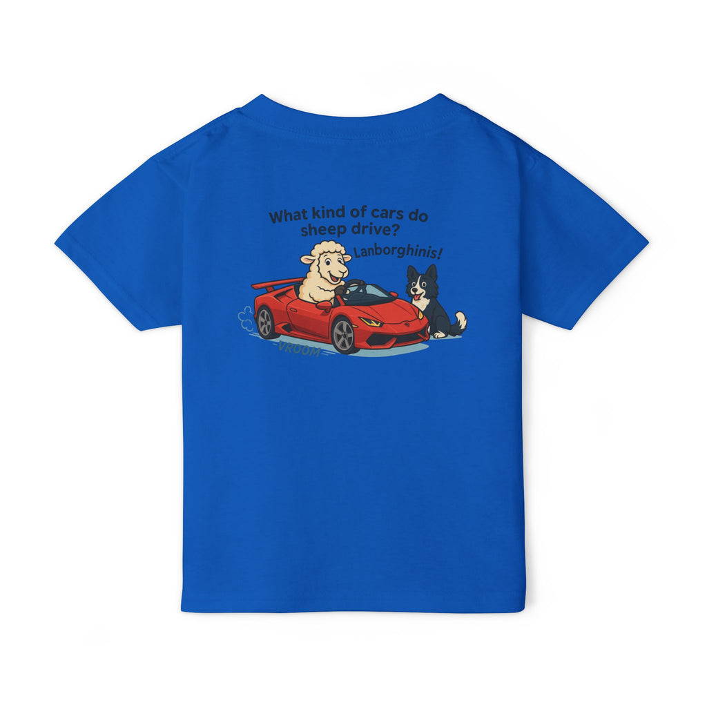 Toddler T-Shirt — Cute Sheep & Dog Cartoon with 'What kind of cars do sheep drive? Lamborghinis!' Back Print