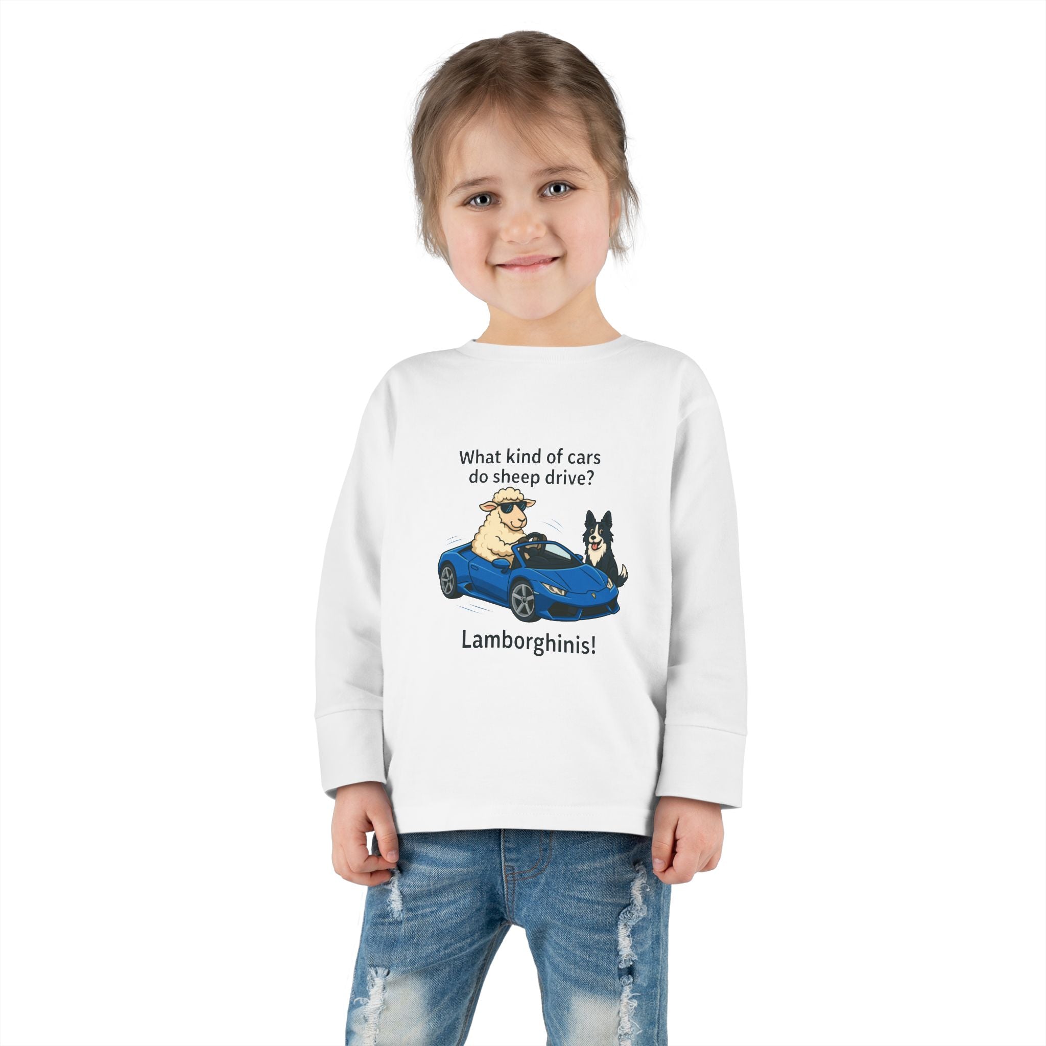 Toddler Long Sleeve Tee — 'What kind of cars do sheep drive? Lamborghams!' Cute Dog & Sheep Car Graphic
