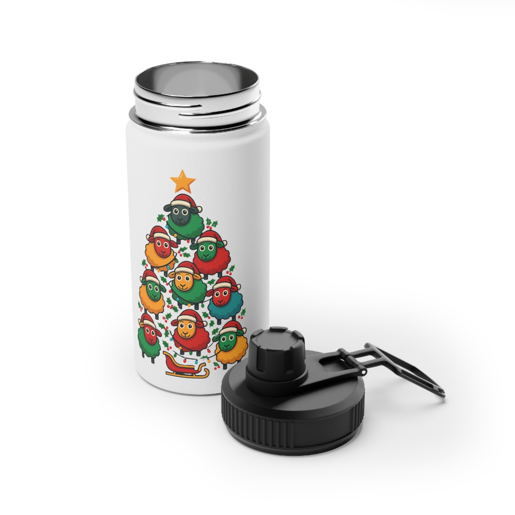 Christmas Sheep Tree Stainless Steel Water Bottle – Holiday Sports Lid Bottle