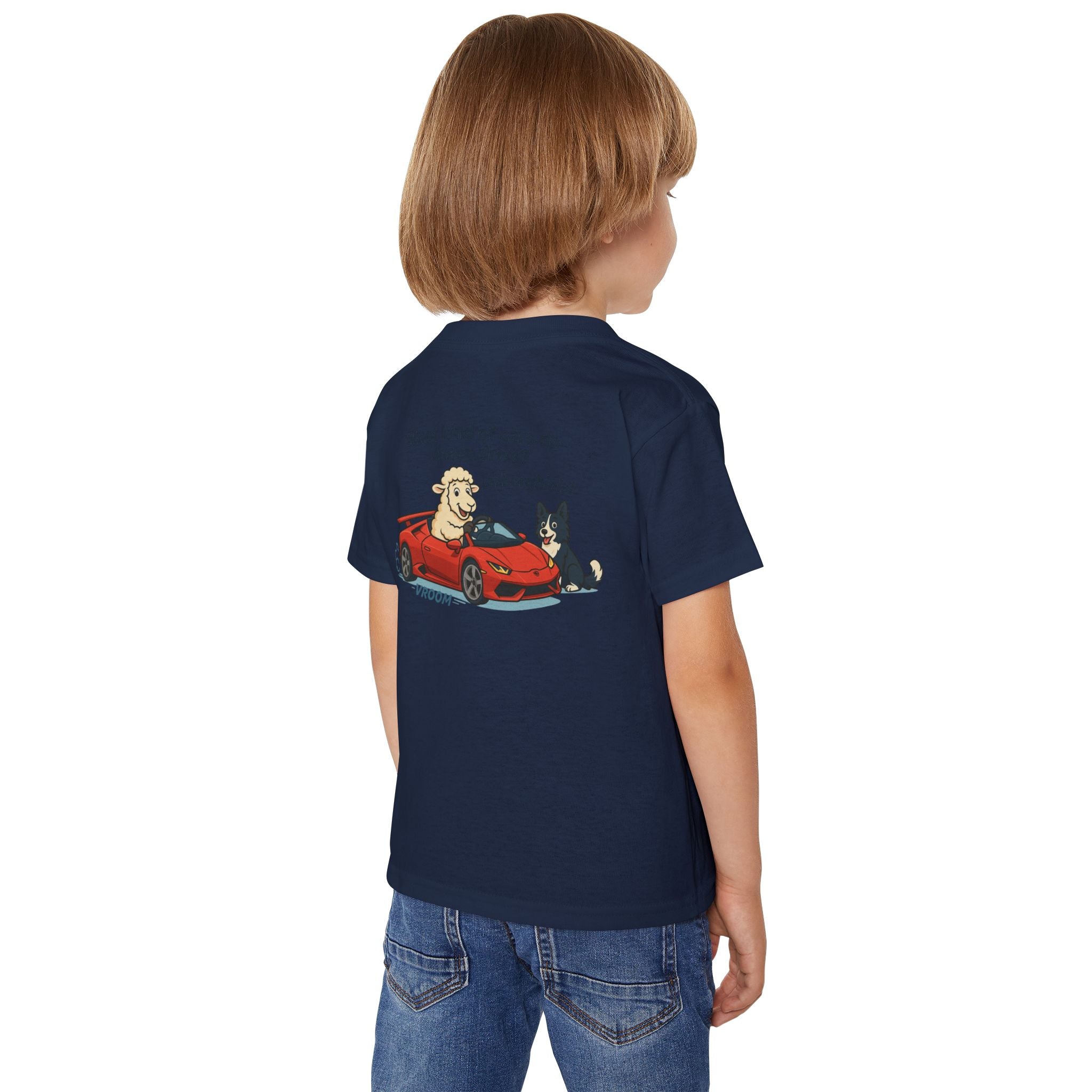 Toddler T-Shirt — Cute Sheep & Dog Cartoon with 'What kind of cars do sheep drive? Lamborghinis!' Back Print
