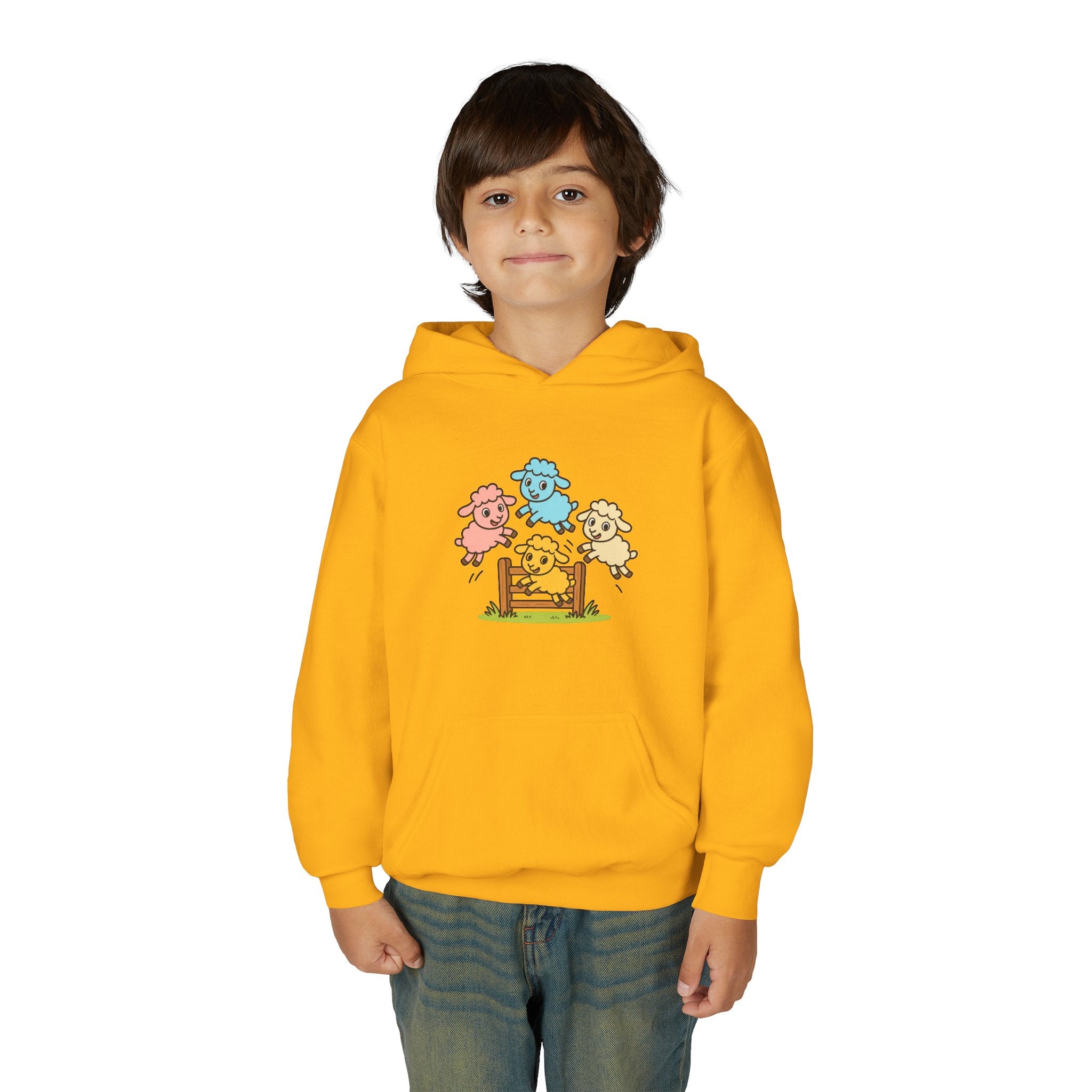 Kids Sheep Hoodie — Colorful Jumping Lambs Graphic Youth Hooded Sweatshirt