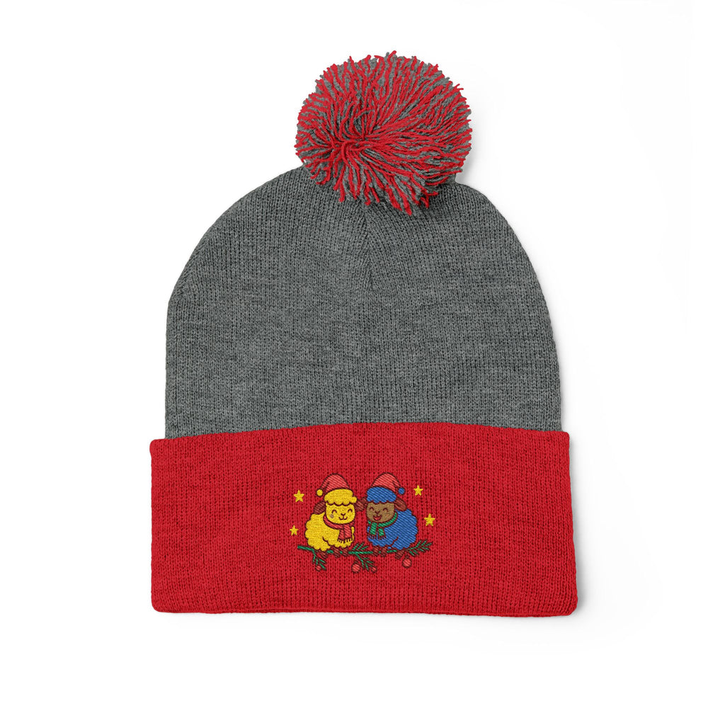 Embroidered Winter Pom-Pom Beanie — Cute Chick Couple Design