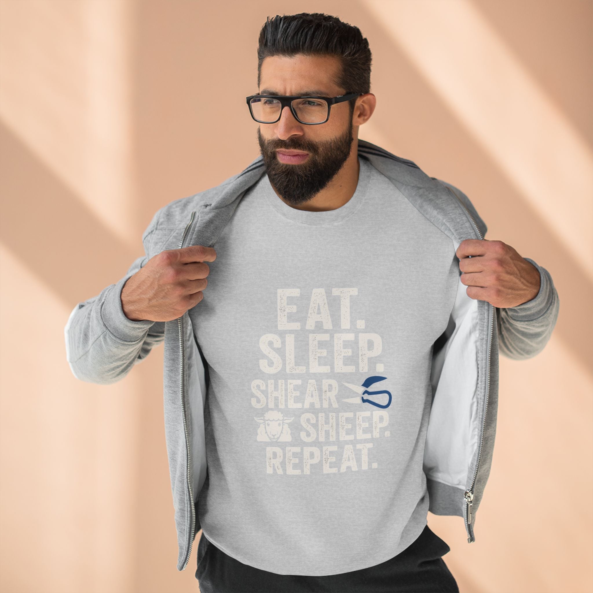 Eat Sleep Shear Repeat Sweatshirt — Sheep Shearing Crewneck for Shepherds & Farm Lovers