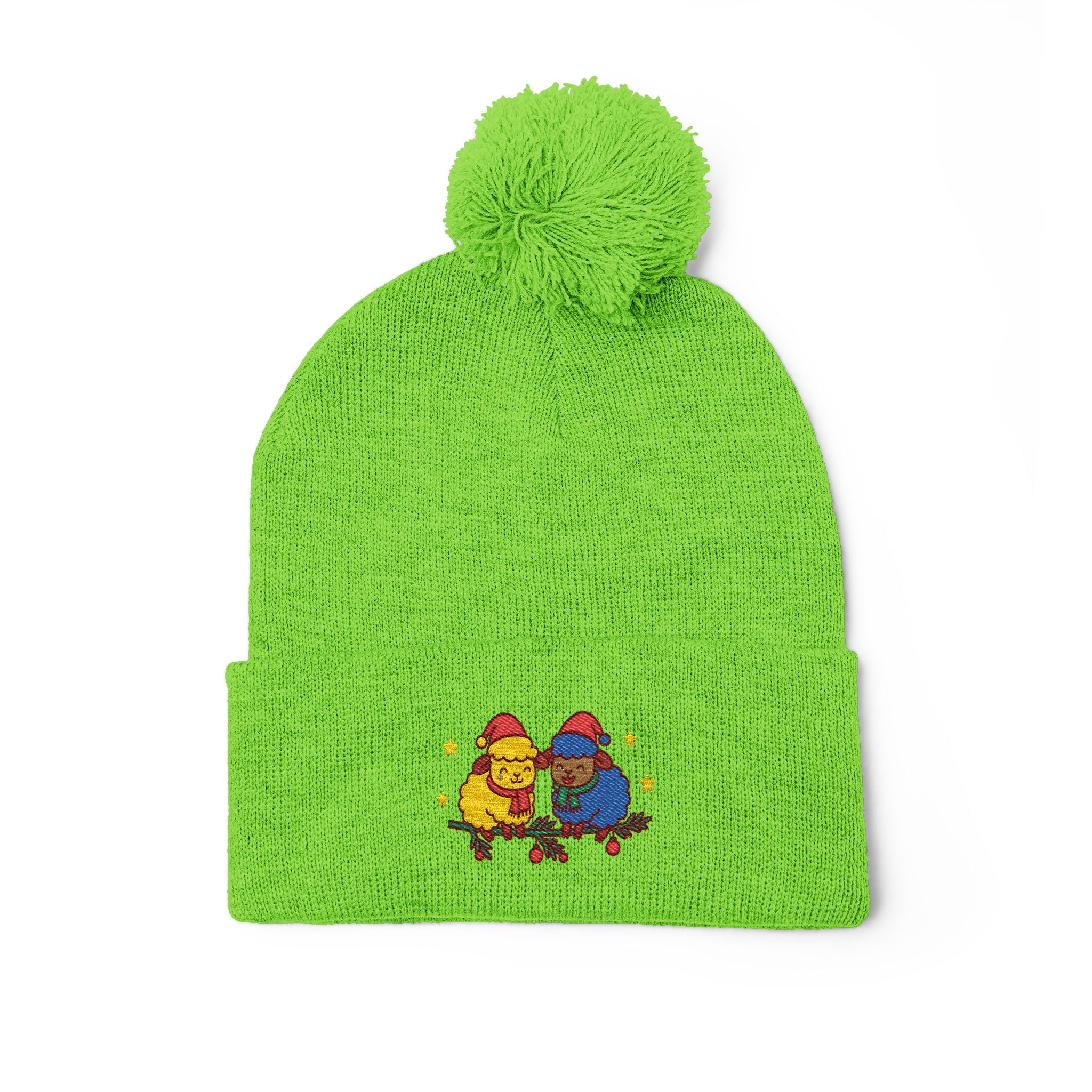 Embroidered Winter Pom-Pom Beanie — Cute Chick Couple Design