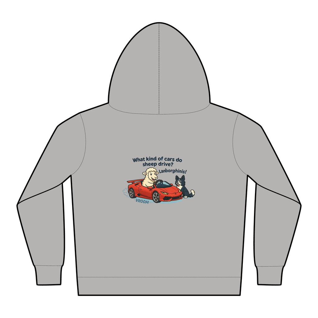 Toddler Hoodie — Cute Red Car Cartoon with 'What kind of cars do sheep drive?' Graphic