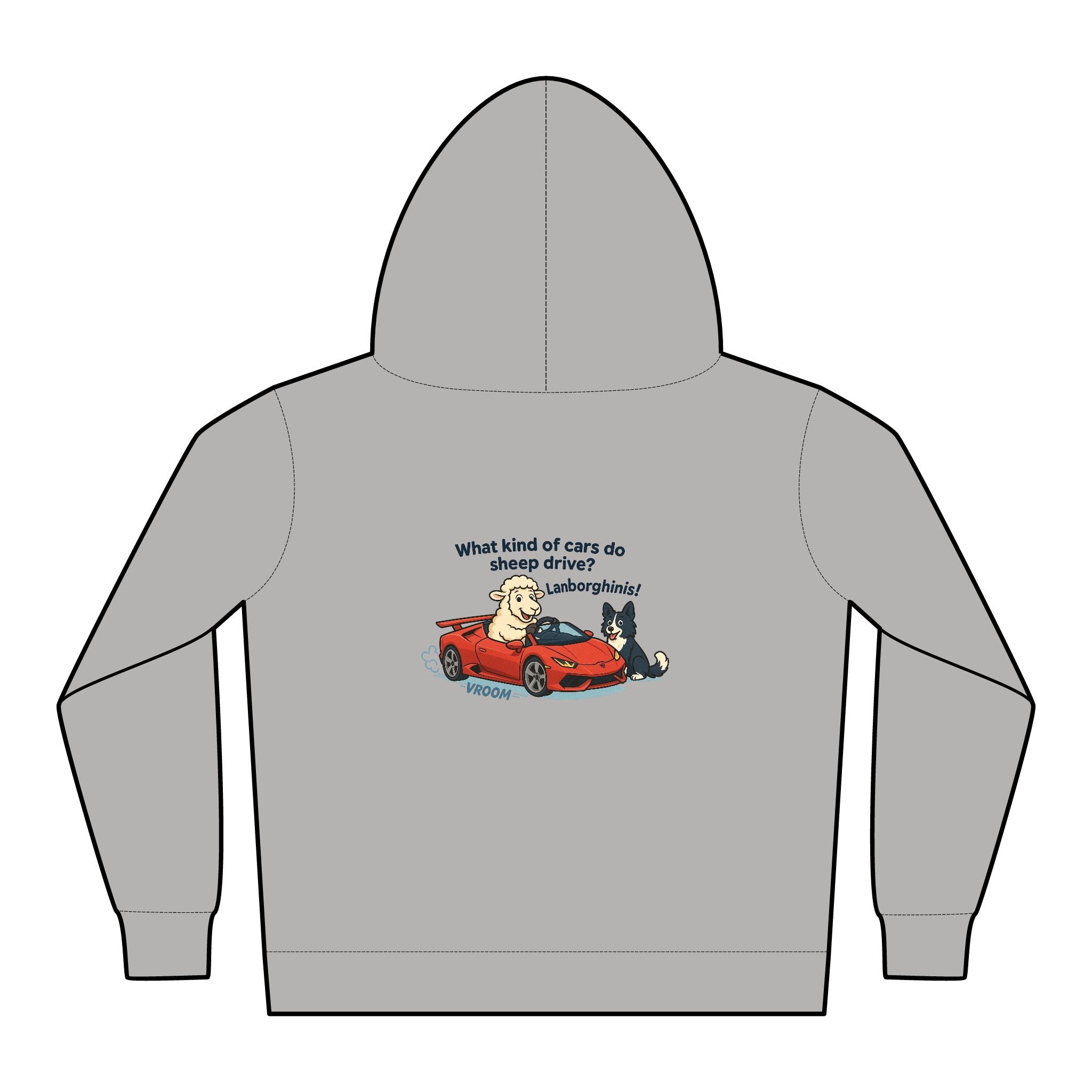 Toddler Hoodie — Cute Red Car Cartoon with 'What kind of cars do sheep drive?' Graphic