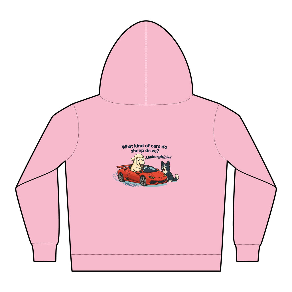 Toddler Hoodie — Cute Red Car Cartoon with 'What kind of cars do sheep drive?' Graphic