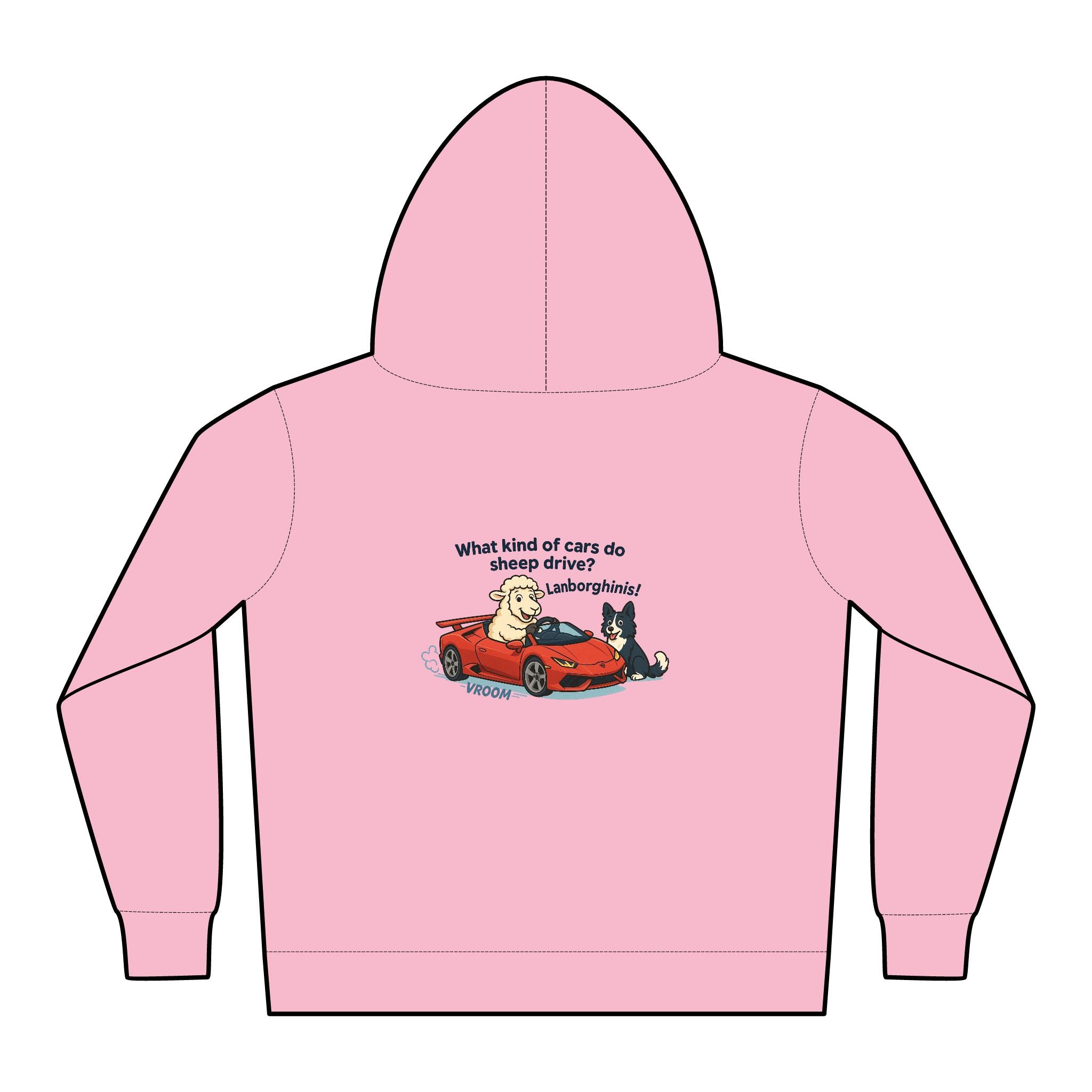 Toddler Hoodie — Cute Red Car Cartoon with 'What kind of cars do sheep drive?' Graphic