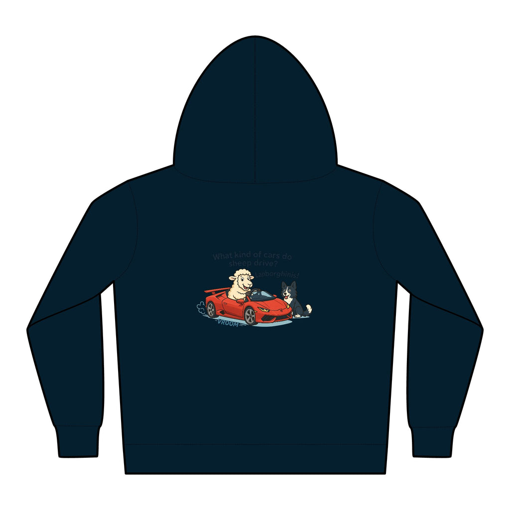 Toddler Hoodie — Cute Red Car Cartoon with 'What kind of cars do sheep drive?' Graphic