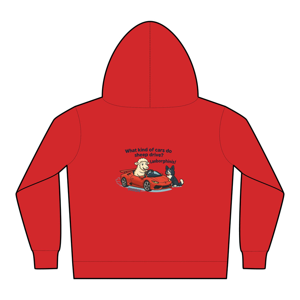 Toddler Hoodie — Cute Red Car Cartoon with 'What kind of cars do sheep drive?' Graphic