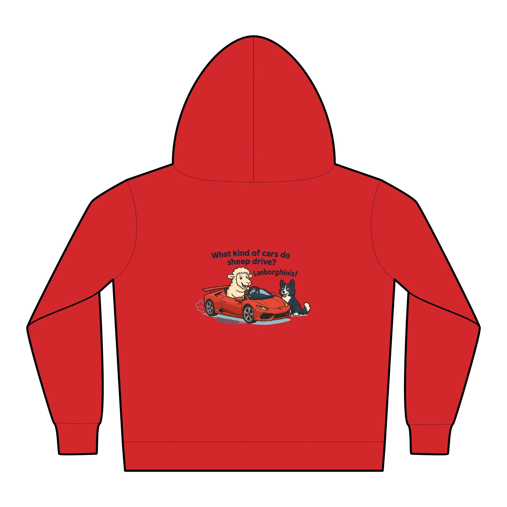 Toddler Hoodie — Cute Red Car Cartoon with 'What kind of cars do sheep drive?' Graphic