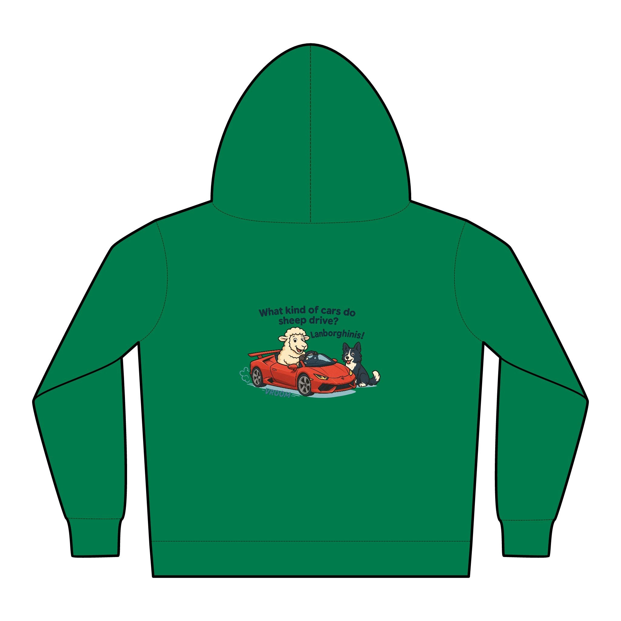 Toddler Hoodie — Cute Red Car Cartoon with 'What kind of cars do sheep drive?' Graphic