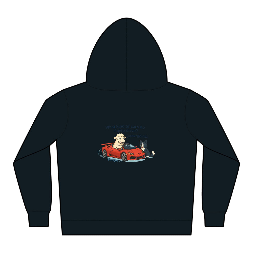 Toddler Hoodie — Cute Red Car Cartoon with 'What kind of cars do sheep drive?' Graphic