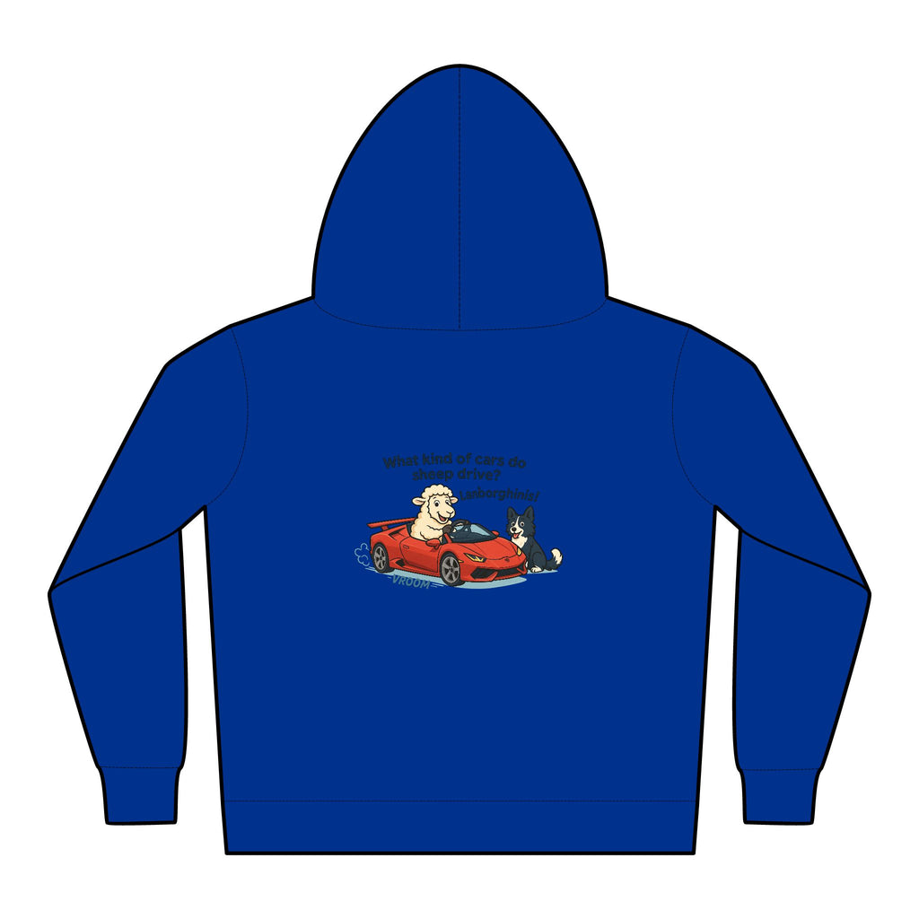Toddler Hoodie — Cute Red Car Cartoon with 'What kind of cars do sheep drive?' Graphic