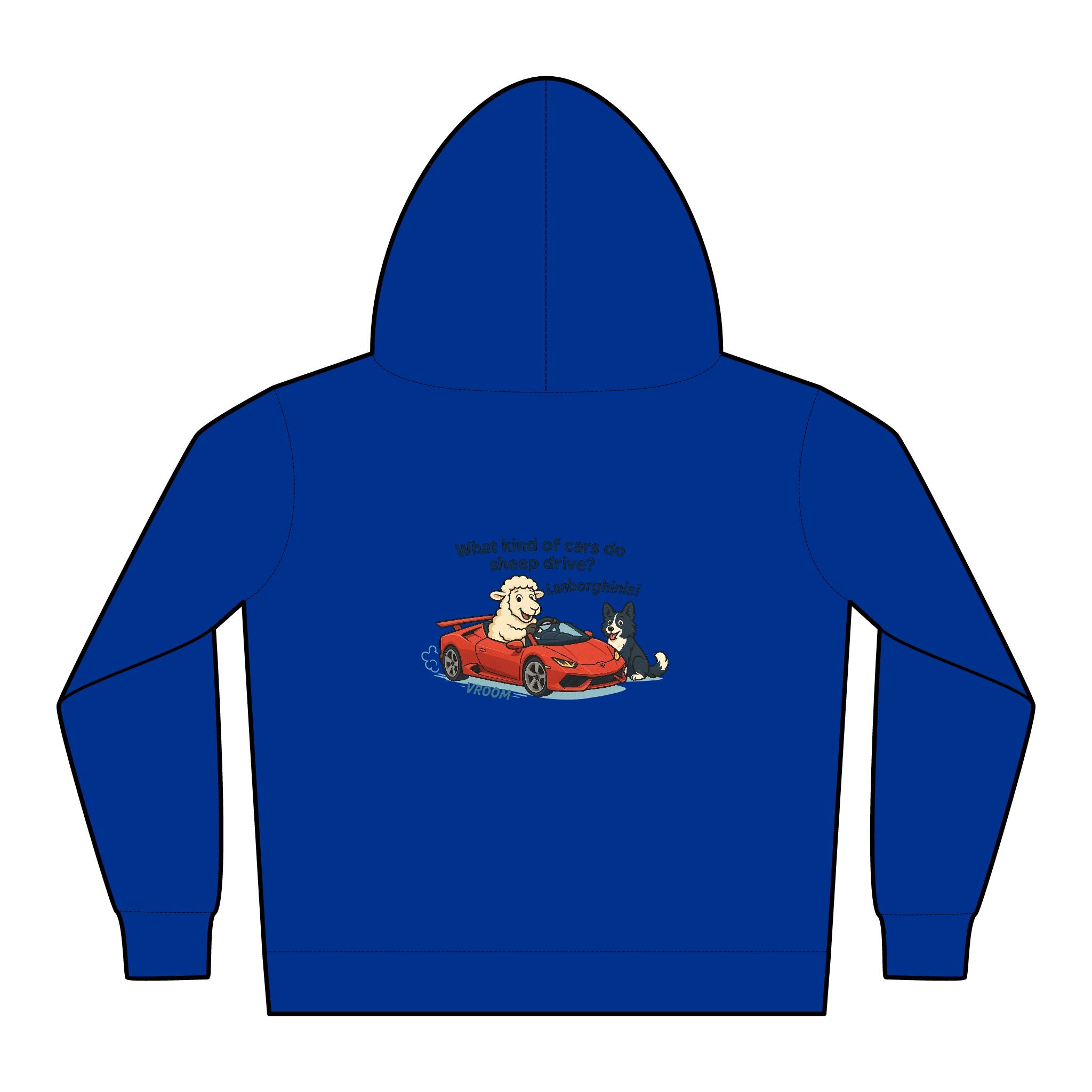 Toddler Hoodie — Cute Red Car Cartoon with 'What kind of cars do sheep drive?' Graphic