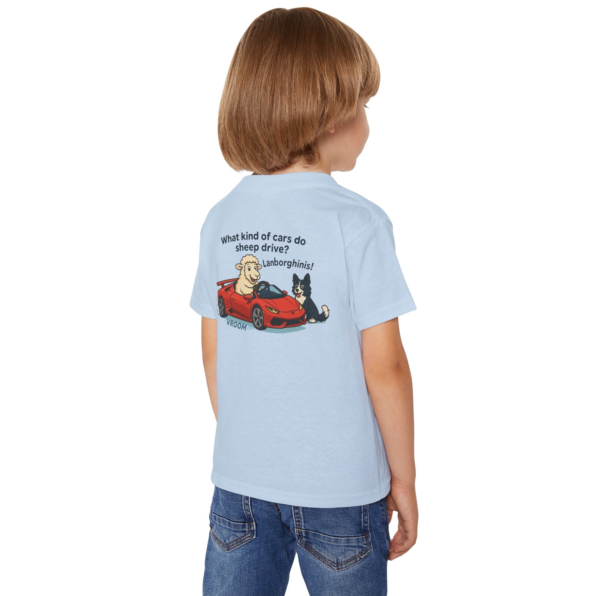 Toddler T-Shirt — Cute Sheep & Dog Cartoon with 'What kind of cars do sheep drive? Lamborghinis!' Back Print