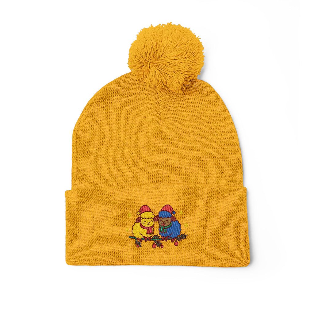 Embroidered Winter Pom-Pom Beanie — Cute Chick Couple Design