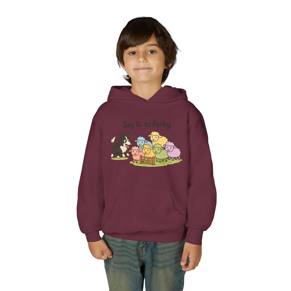 Youth Hoodie — "Say Hi to Perky" Cute Cartoon Sheep & Dog Kids Hooded Sweatshirt
