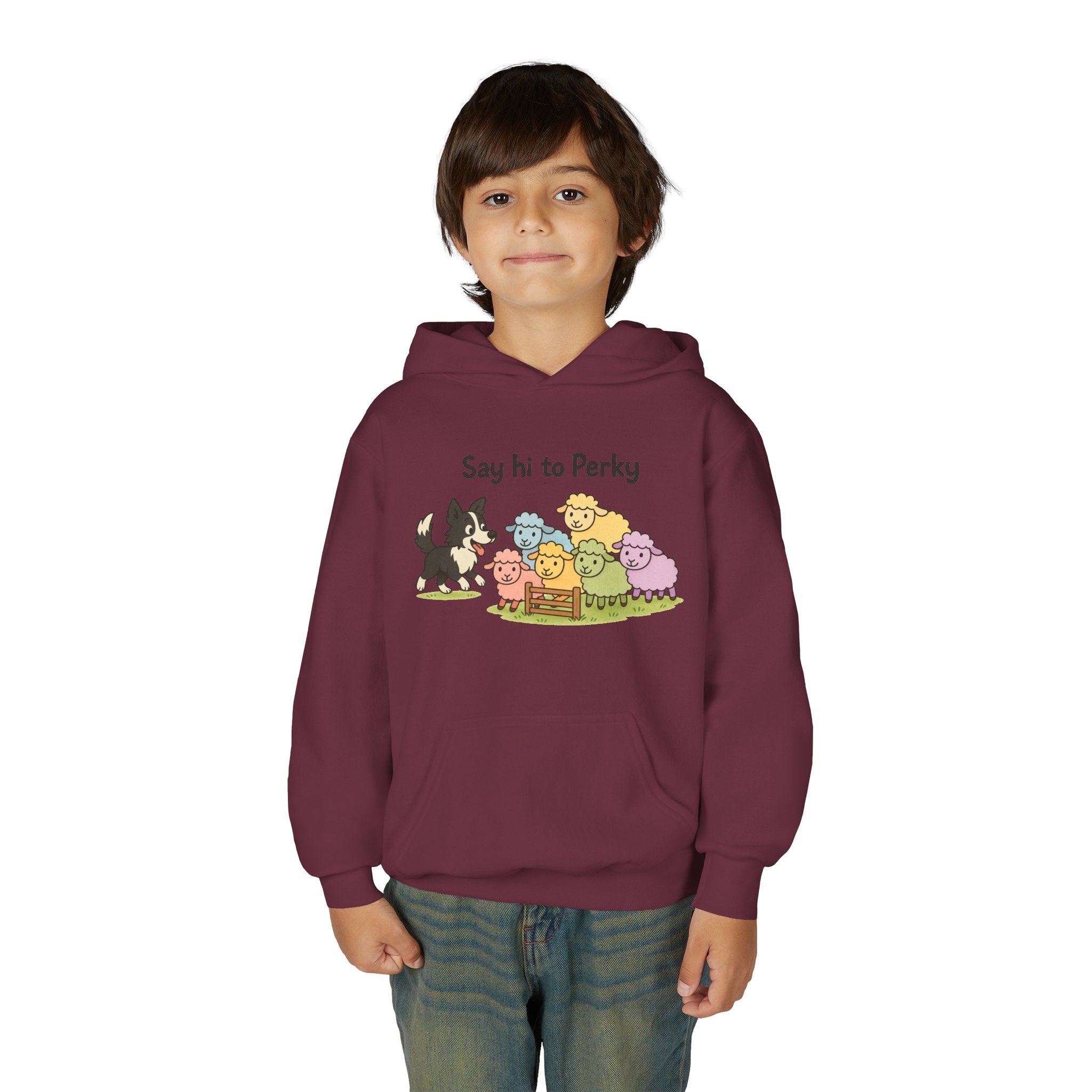 Youth Hoodie — "Say Hi to Perky" Cute Cartoon Sheep & Dog Kids Hooded Sweatshirt